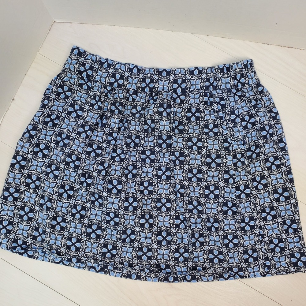 Loft Outlet Petite Blue Geometric Tile Print Linen Blend Elastic Waist Skirt LP